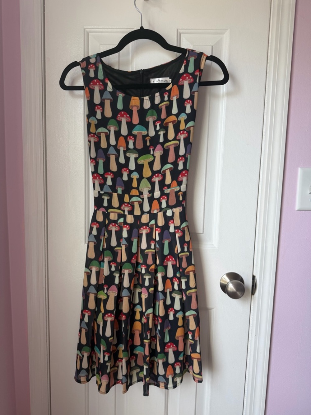 La Soul Black Mushroom Print Mini Dress with Colorful Caps